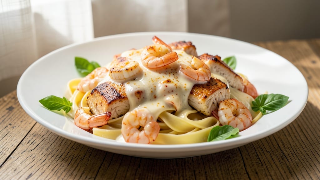 Baked Chicken and Shrimp Alfredo Recipe: One-Pan Creamy Pasta with Double Protein