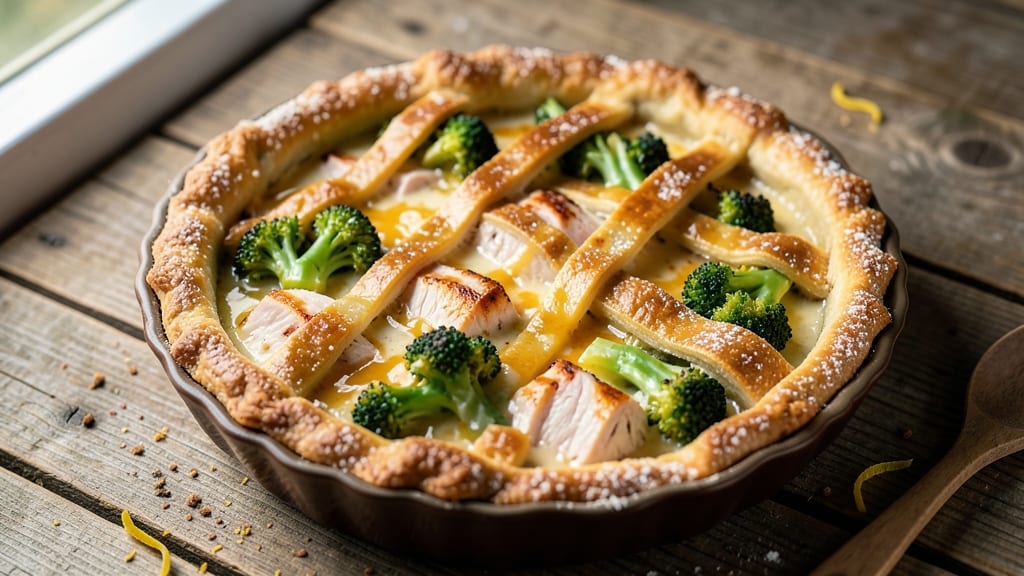 Bonappeteach Broccoli Cheddar Chicken Pot Pie Recipe: Herb-Infused Crust Over Creamy Cheese Layers