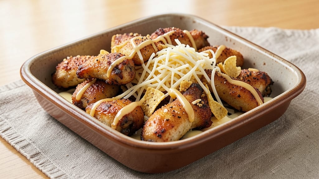 Baked Chicken Wing Dings Recipe: Crispy Tortilla Crowns Over Melted Cheese Rivers