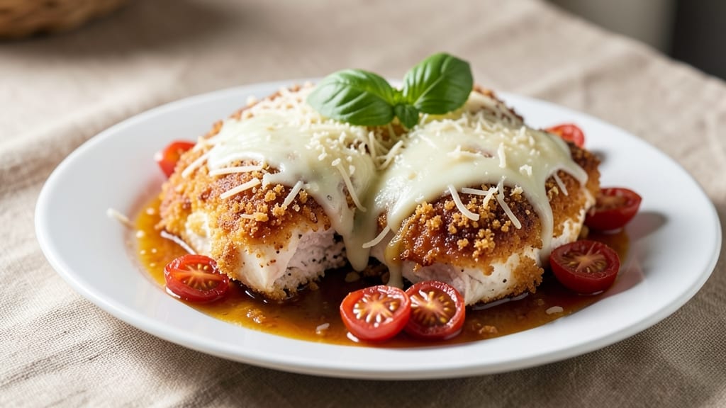 Baked Chicken Parmesan Recipe With Italian Breadcrumbs: Crispy Breadcrumb Crown Over Melty Mozzarella Rivers