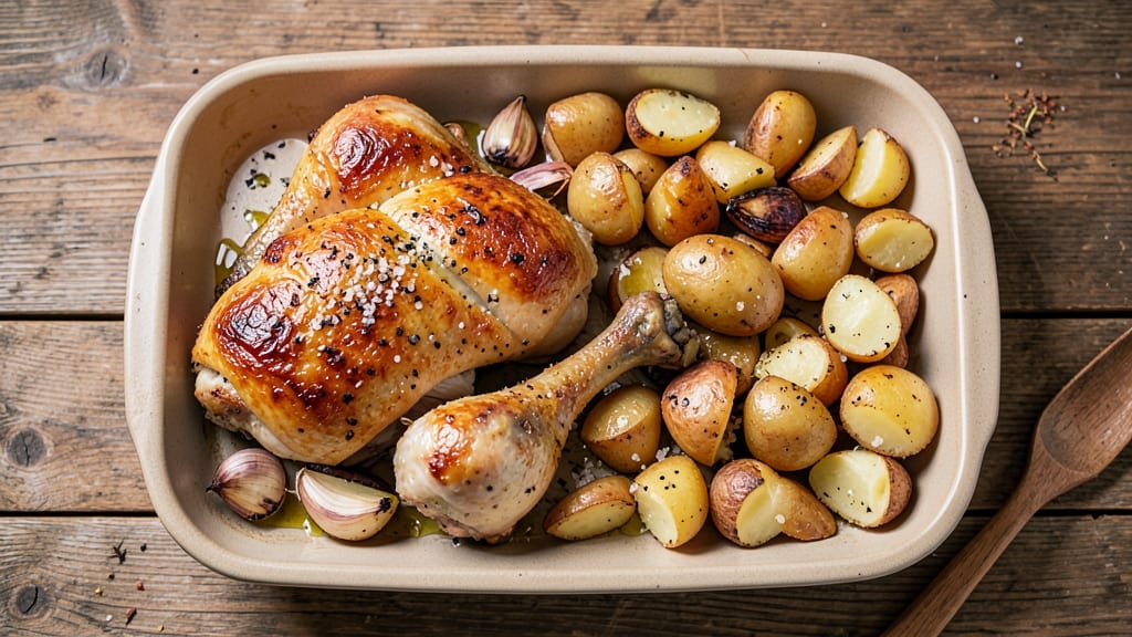 Baked Chicken Legs and Potatoes Recipe: Crispy-Skinned Roast with Herbed Spuds
