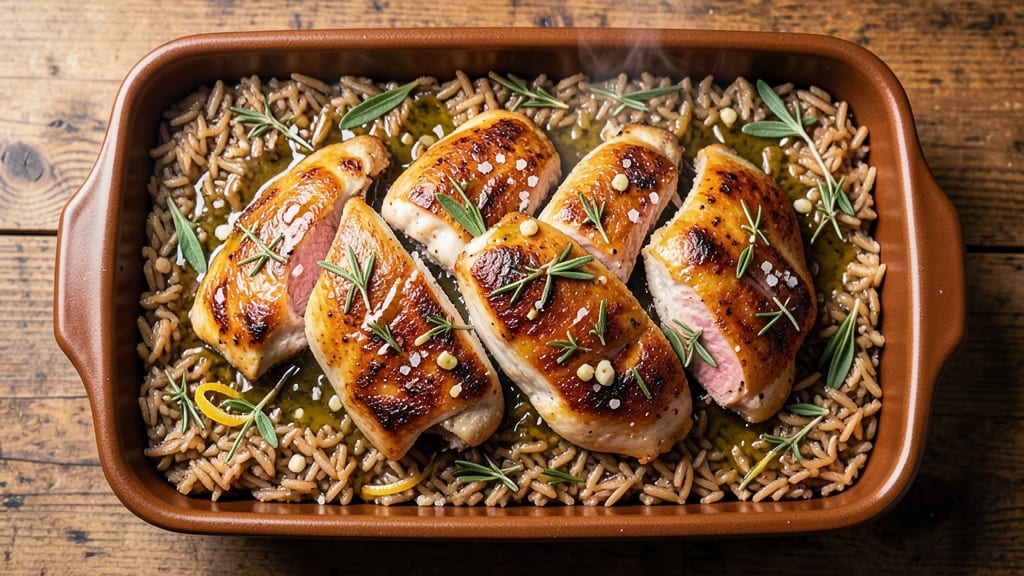Brown Rice Chicken Bake Recipe: Herb-Infused Crispy Top and Fluffy Grains